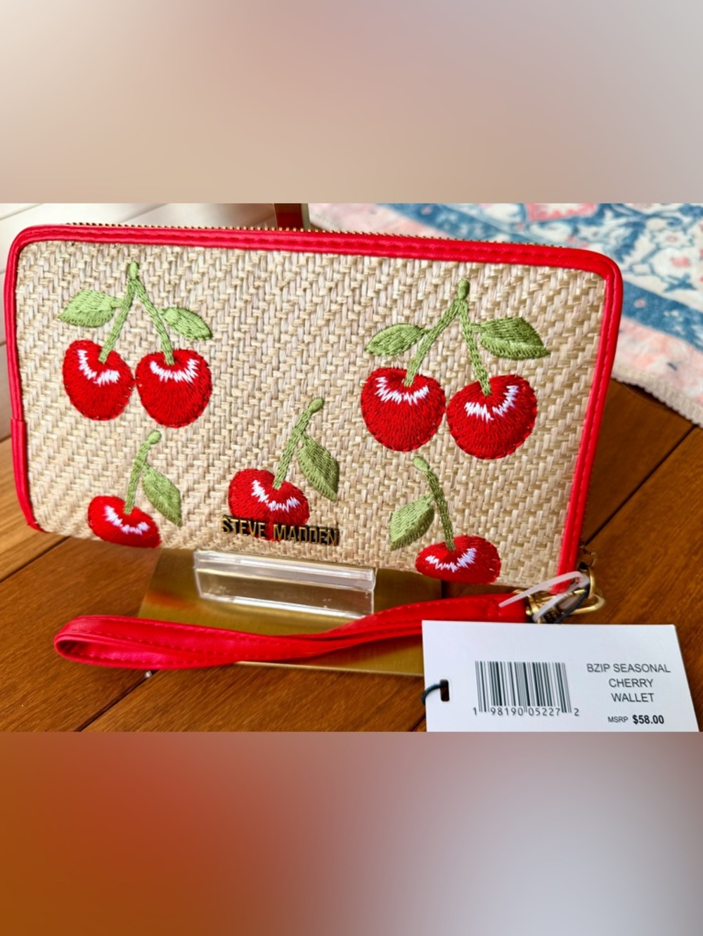 Steve Madden Straw-Textured Zip-Around Wallet Featuring Embroidered Cherries NWT - Picture 3 of 10